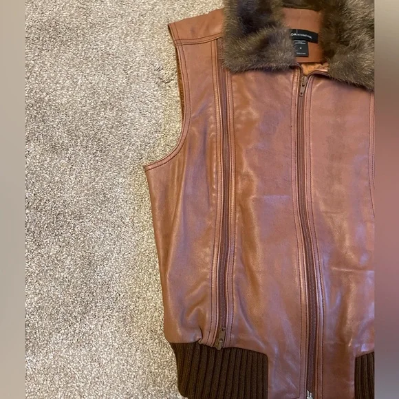 VTG Moda International Brown Leather Vest with Faux Fur Size M Aviator Bomber - Picture 4 of 13